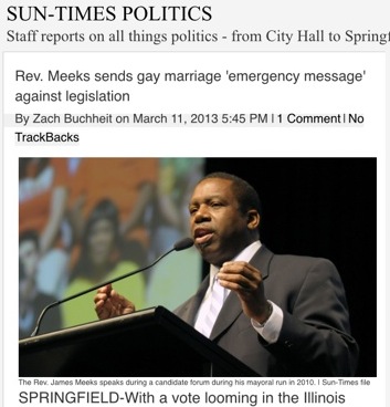 This image from a Sun-Times blog in 2013 shows Meeks' work against the freedom to marry 